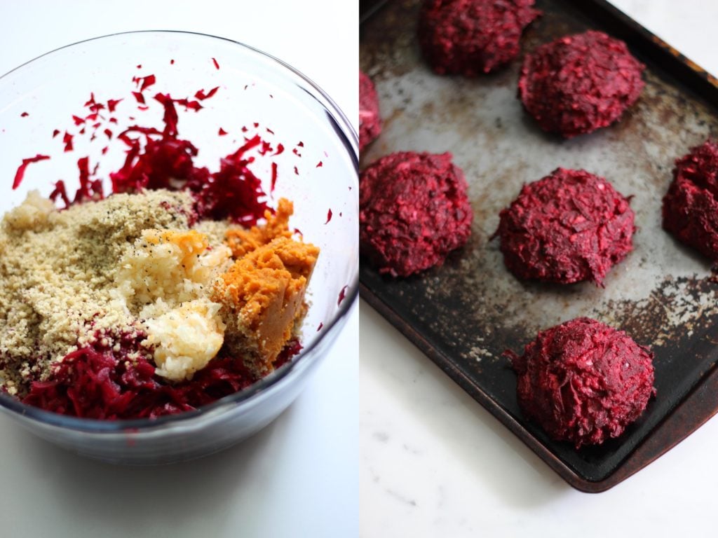 Vegetarian Beet Burger Collage process collage of 2 images: ingredients in bowl, patties on a sheet pan.