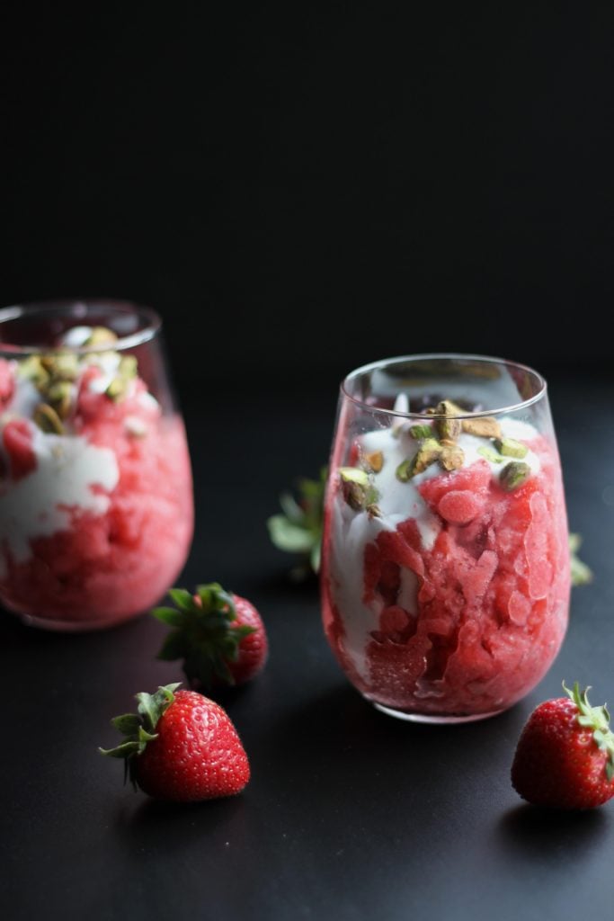 Strawberry Granita with Pistachios and Cream