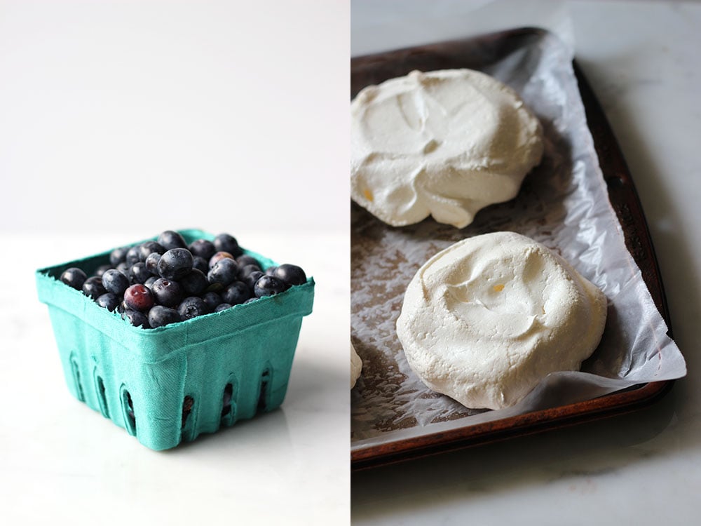 Pavlova with Boozy Blueberry Sauce