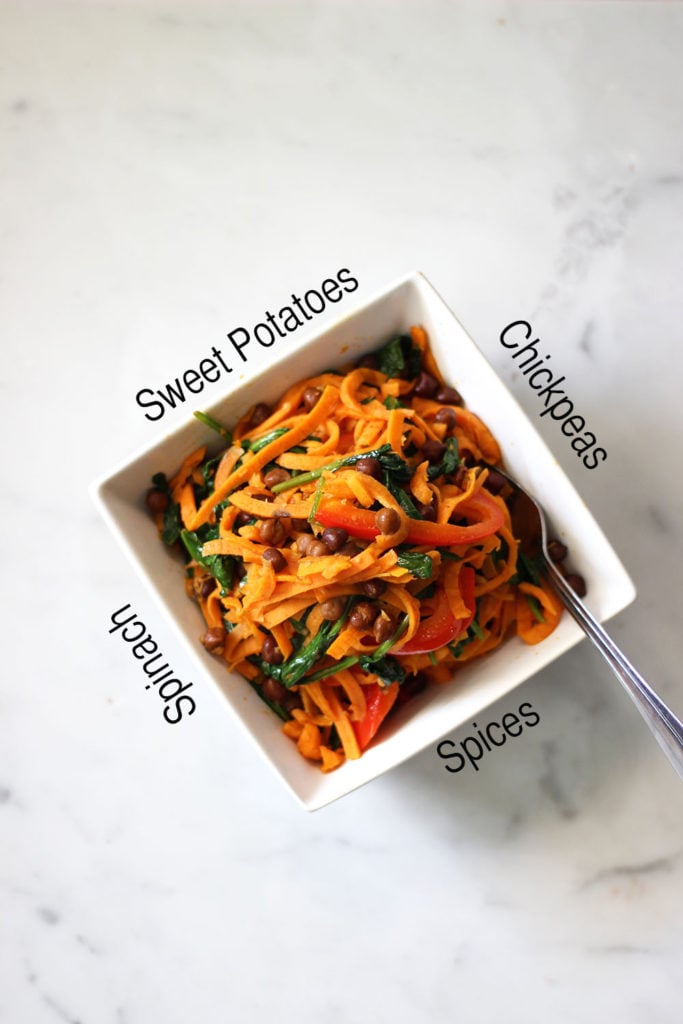 Spicy Sweet Potato Pasta with Chickpeas and Spinach