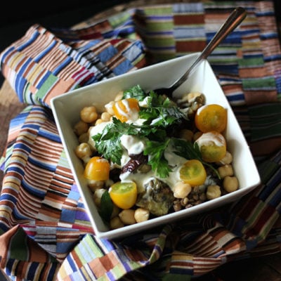 Roasted Eggplant Lentil Bowl with Garlic Yogurt Dressing