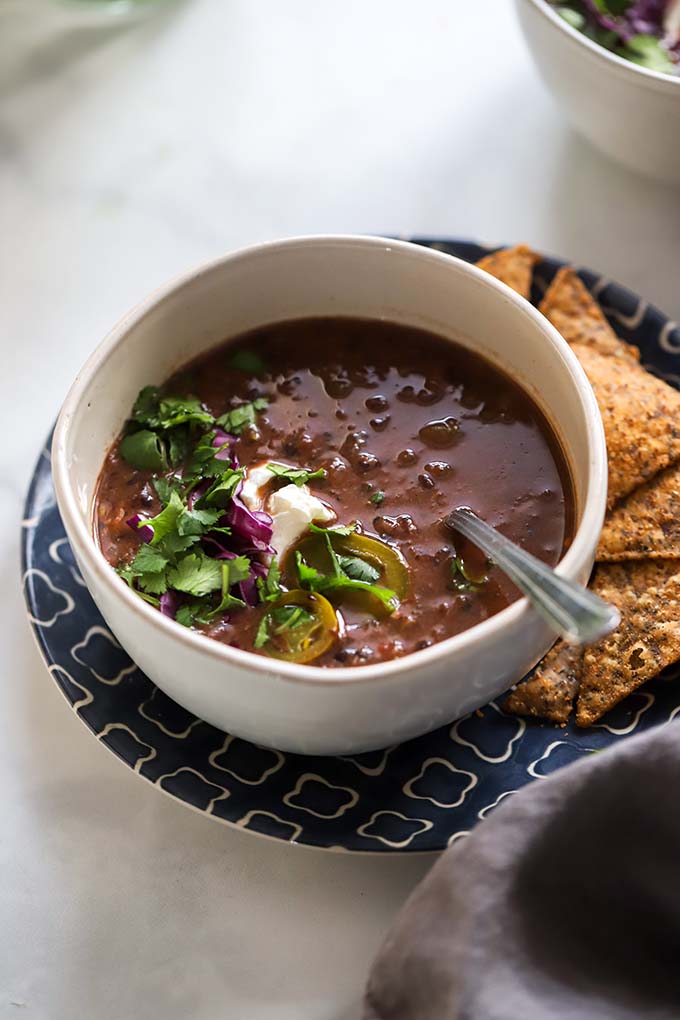 bowl black bean soup with chips.