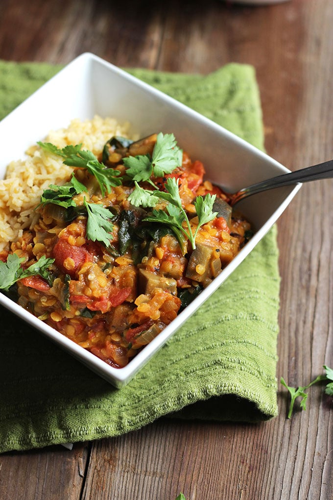 vegan madras curry with fresh cilantro on a white bowl on top of a green napkin. 