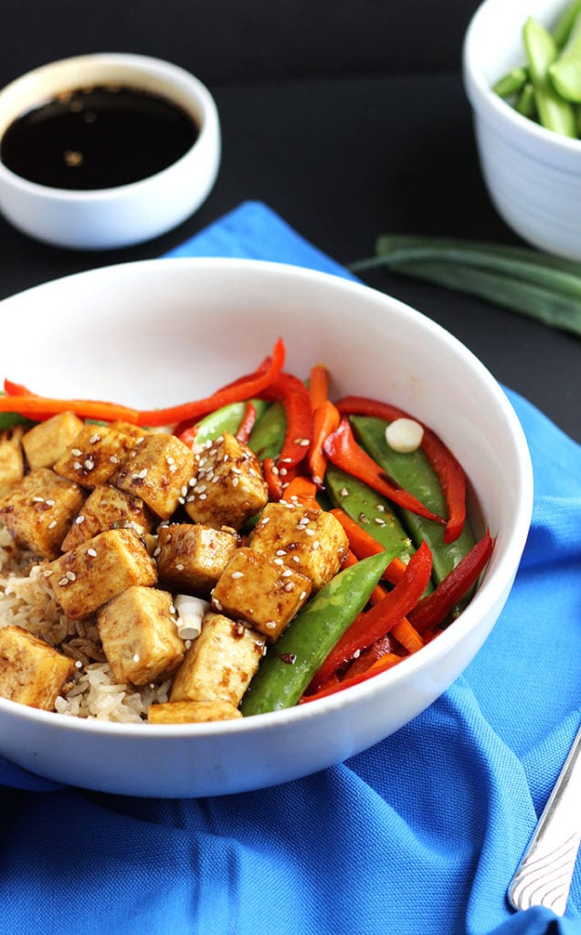 Vegan Tofu Teriyaki topped with sesame seeds. 