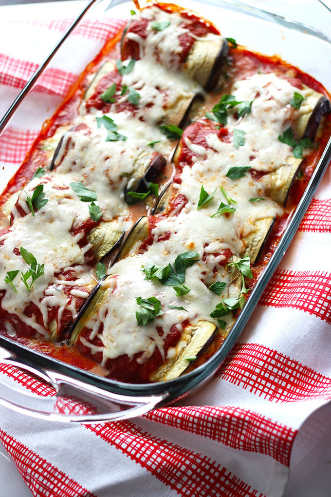 Eggplant Lasagna Rolls in a glass baking dish. 