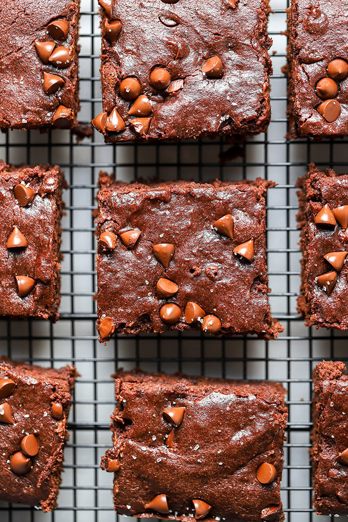 vegan brownies with chocolate chips overhead shot