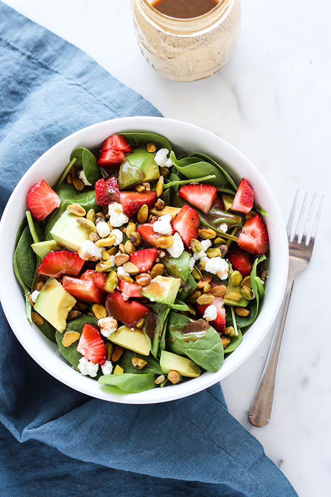 Strawberry Avocado and Farro Salad with Pistachios and Goat Cheese