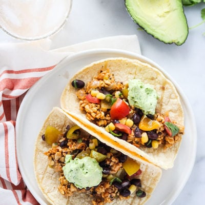 Chipotle Tempeh Tacos with Black Bean Salsa and Avocado Crema