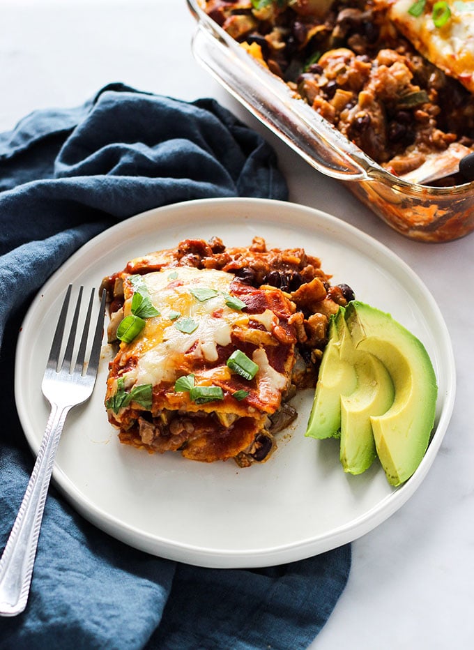 Walnut Mushroom Enchilada Casserole - Dietitian Debbie Dishes