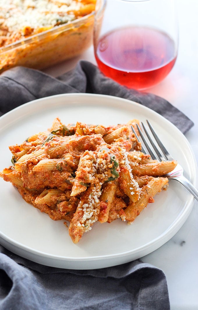 Creamy Baked Red Pepper Penne Pasta | Dietitian Debbie Dishes