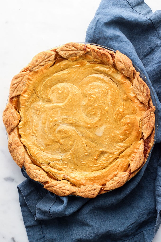Vegan Pumpkin Pie with Cashew Cream Swirls.