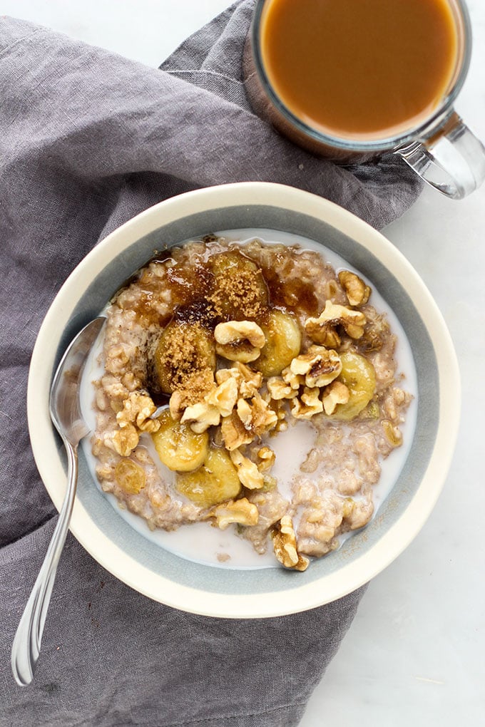 Banana Bread Oatmeal in bowl with gray napkin