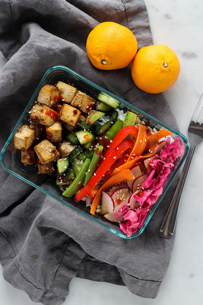 Deconstructed Sushi Bowl with Crispy Tofu in a rectangle meal prep container.