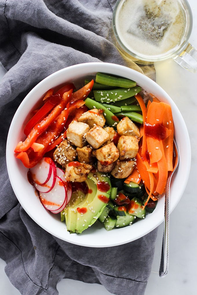 Deconstructed Sushi Bowl with Crispy Tofu in a white bowl.