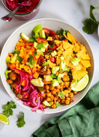 chickpea taco salad ingredients in a bowl. 