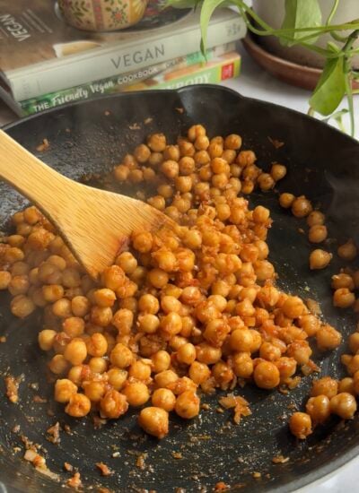 spiced chickpeas in a skillet. 
