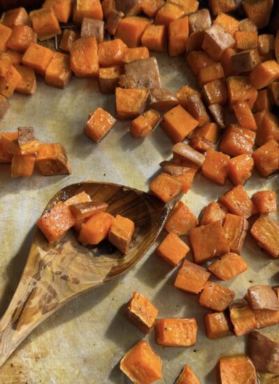 roasted sweet potatoes on a sheet pan. 