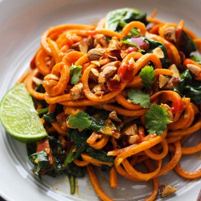 Spiralized Sweet Potato Noodles with Sweet & Spicy Pulled Pork Recipe