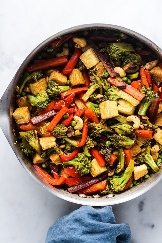 Tofu Vegetable Stir Fry in a skillet.