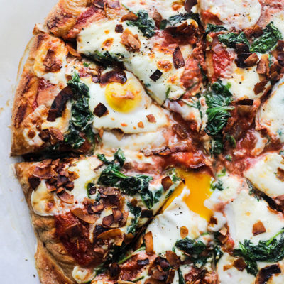 Spinach, Coconut Bacon, and Egg Pizza
