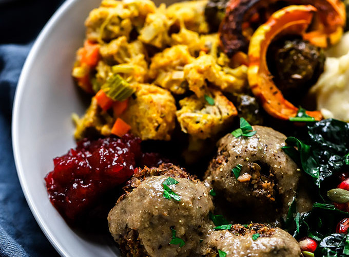 Vegan Meatballs with Mushroom Gravy | A delicious plant-based Thanksgiving entree!