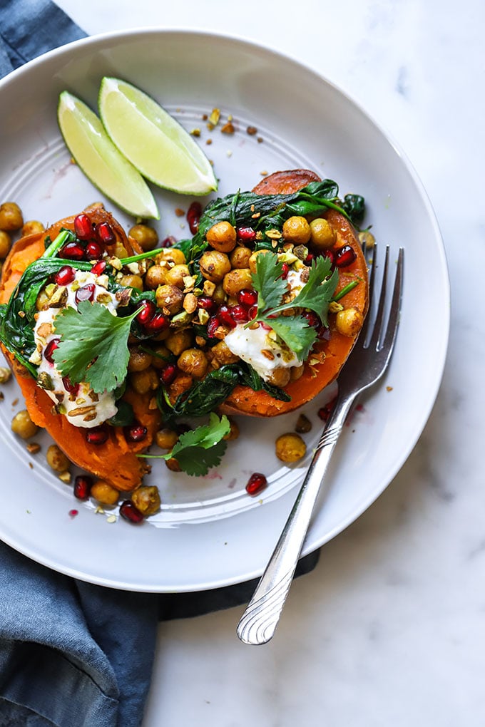 Curry Chickpea Stuffed Sweet Potatoes | Dietitian Debbie Dishes