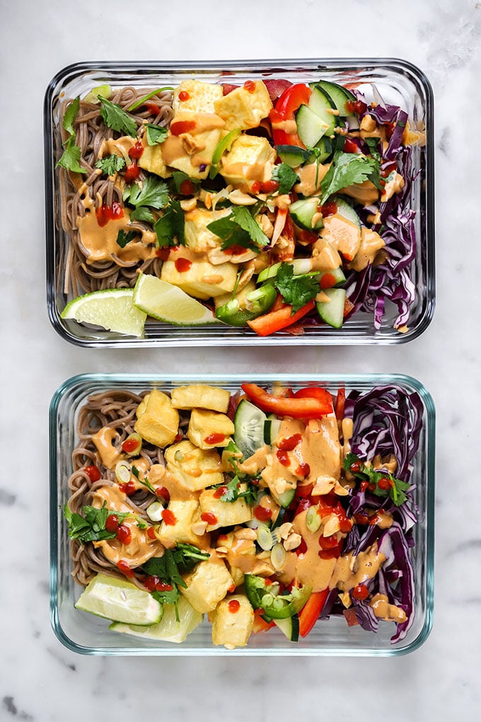 Soba Noodles with Peanut Sauce in glass meal prep dish.