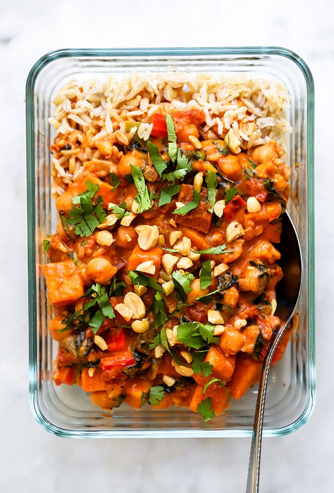 vegan peanut curry with chickpeas and sweet potato.