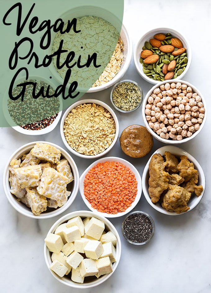 Vegan protein guide feature image with plant-based proteins in dishes. 