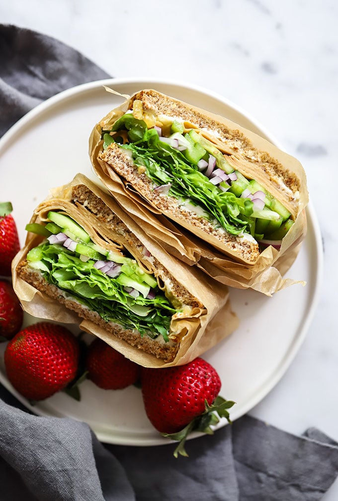 Tofurky sandwich with lettuce on white plate