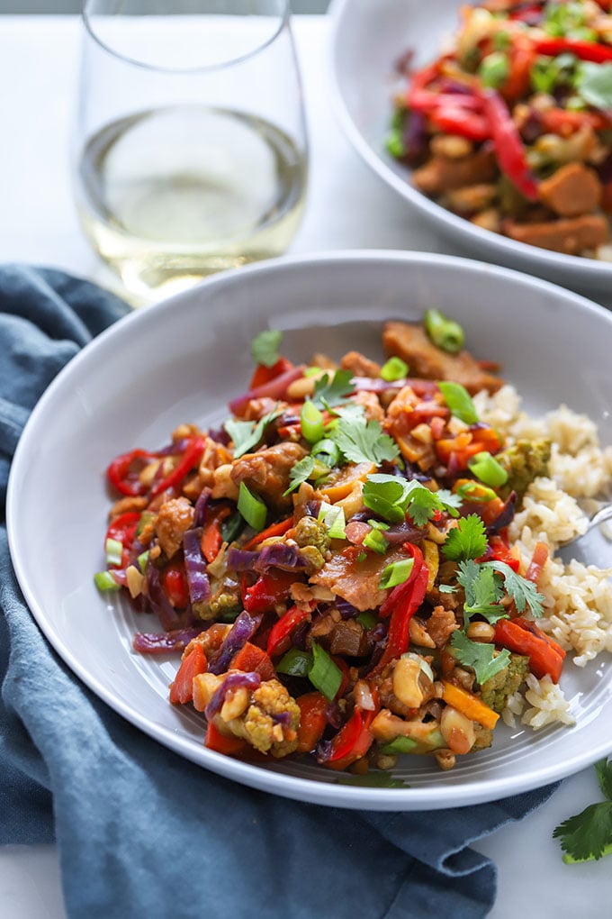 Vegan Cashew "Chicken" Stir Fry on plate garnished with cilantro.