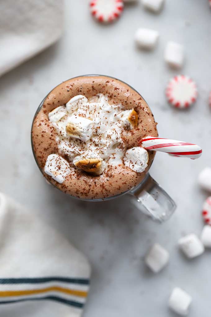 peppermint hot chocolate topped with toasted marshmallows.