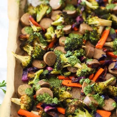 Veggie Sausage Sheet Pan Dinner with Pesto Cream