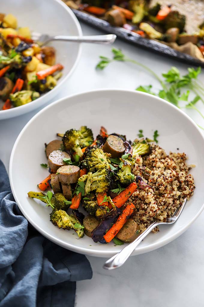 Veggie Sausage Sheet Pan Dinner with Pesto Cream