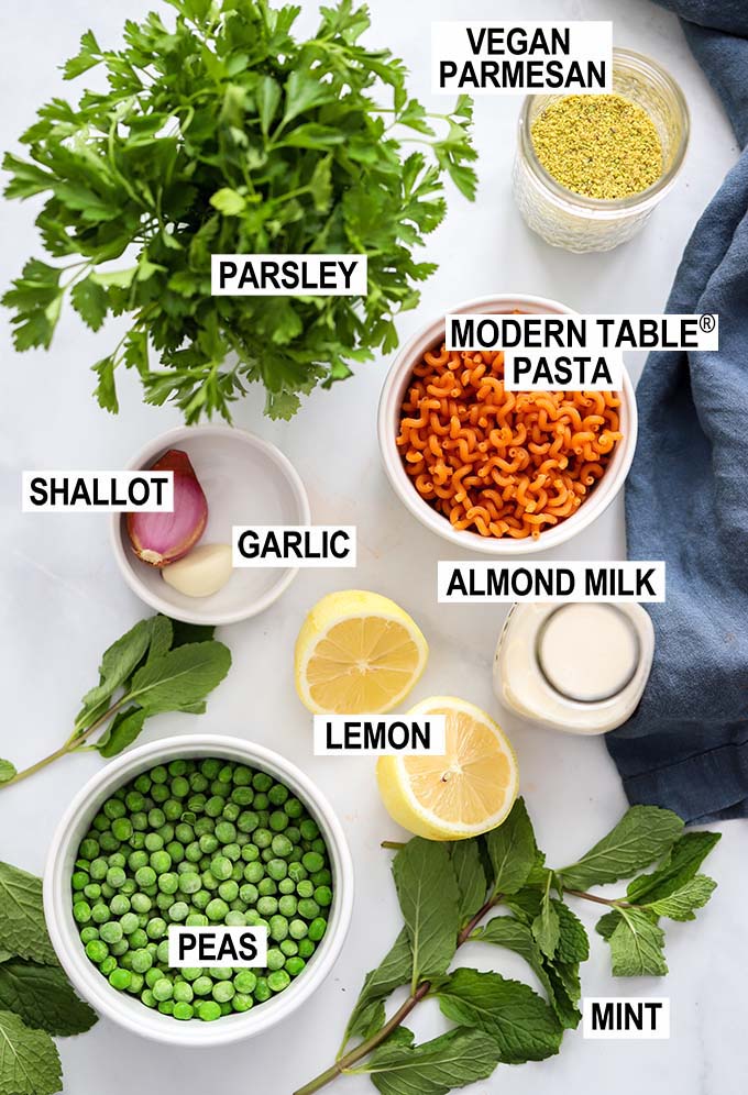 creamy vegan pasta ingredients in dishes with labels. 
