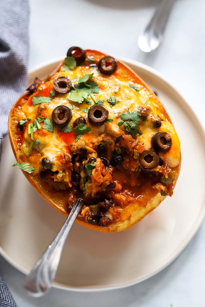 enchilada spaghetti squash with olives and cilantro.