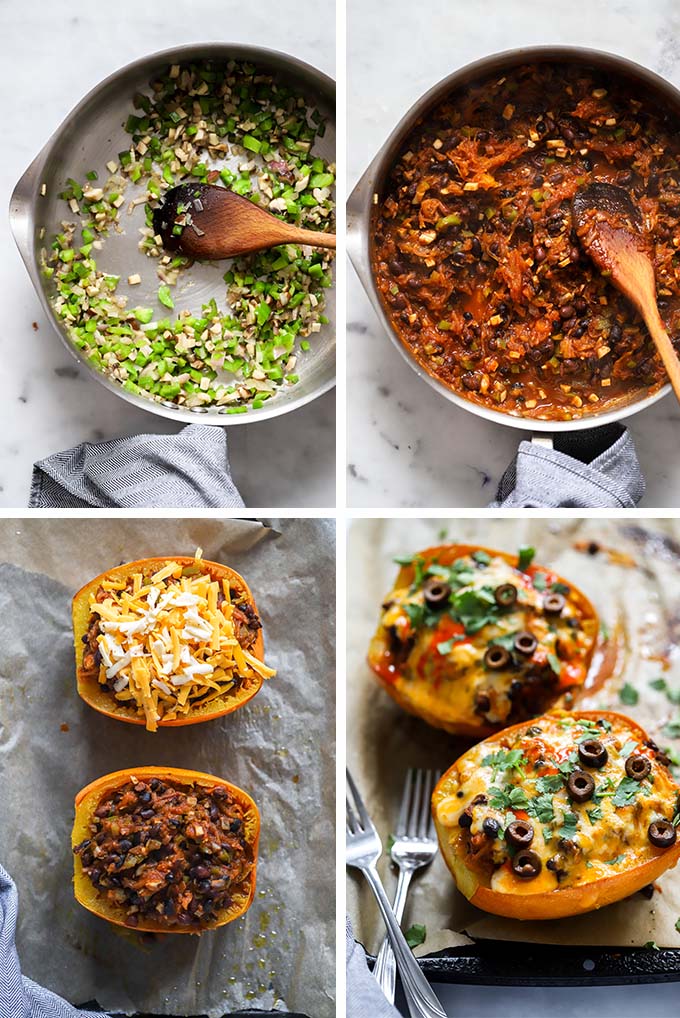 enchilada spaghetti squash step by step - cooke peppers and mushrooms, add beans and squash, top with cheese, bake. 