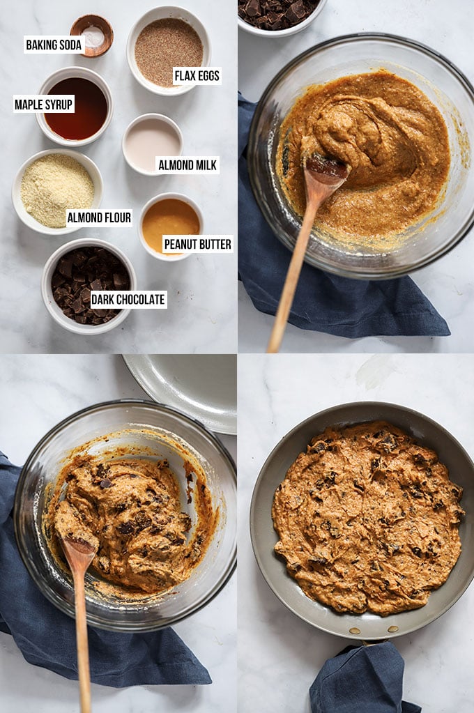 peanut butter skillet cookie process photo collage. 