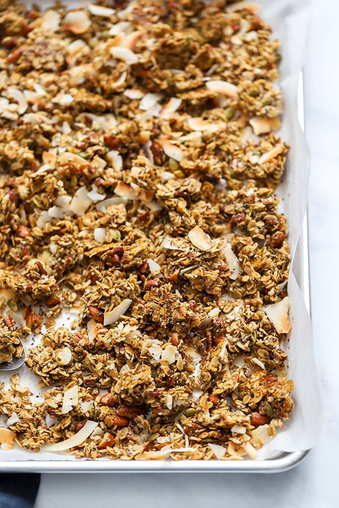 healthy super seedy granola on sheet pan