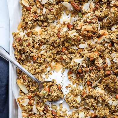 healthy super seedy granola on sheet pan