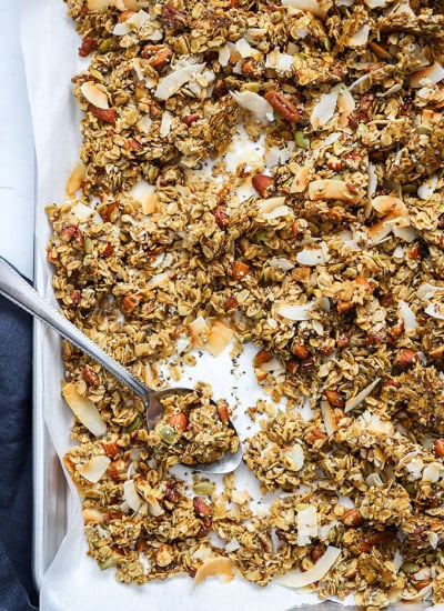 healthy super seedy granola on sheet pan