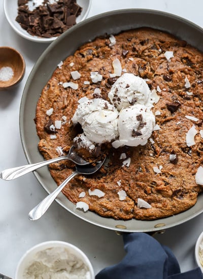 Peanut butter chocolate chip cookie skillet with ice cream