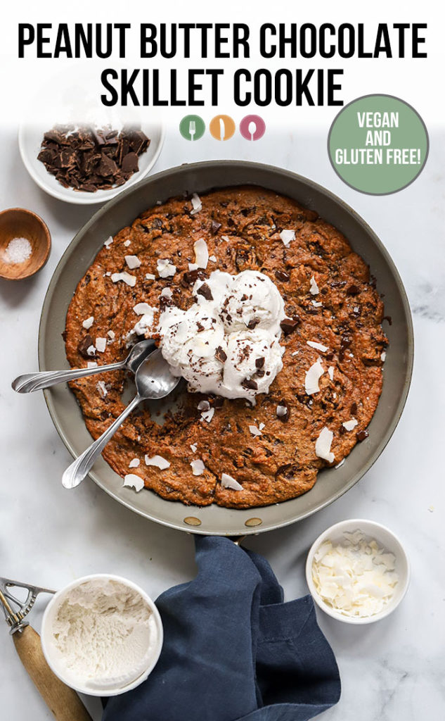 peanut butter chocolate skillet cookie with ice cream