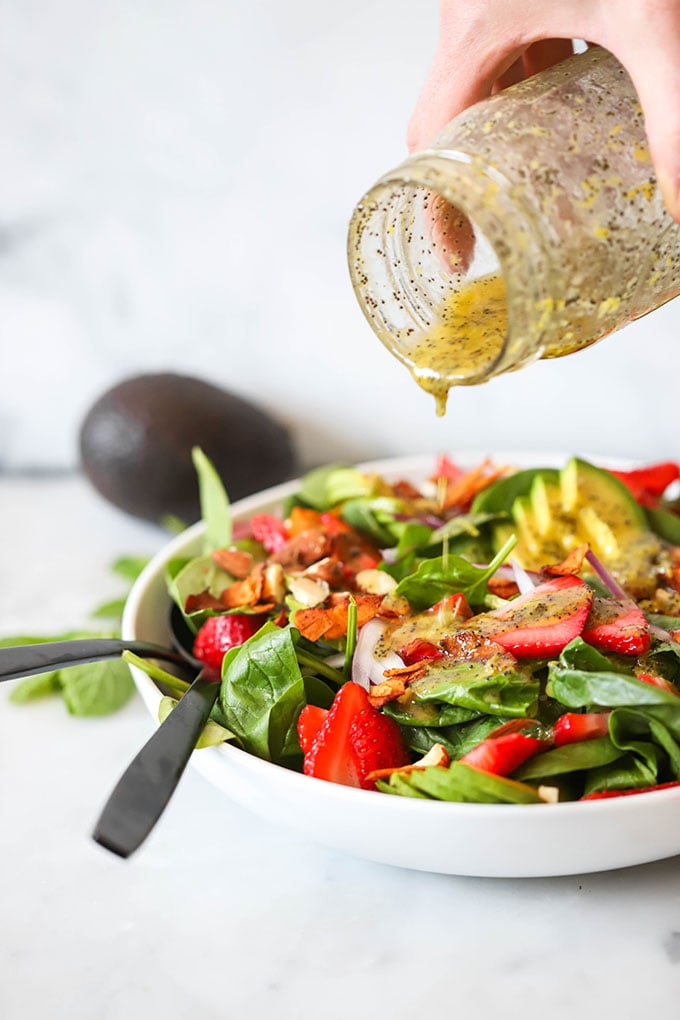 Vegan strawberry spinach salad with lemon poppyseed dressing