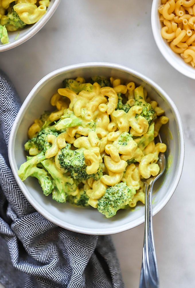 vegan macaroni and cheese with broccoli