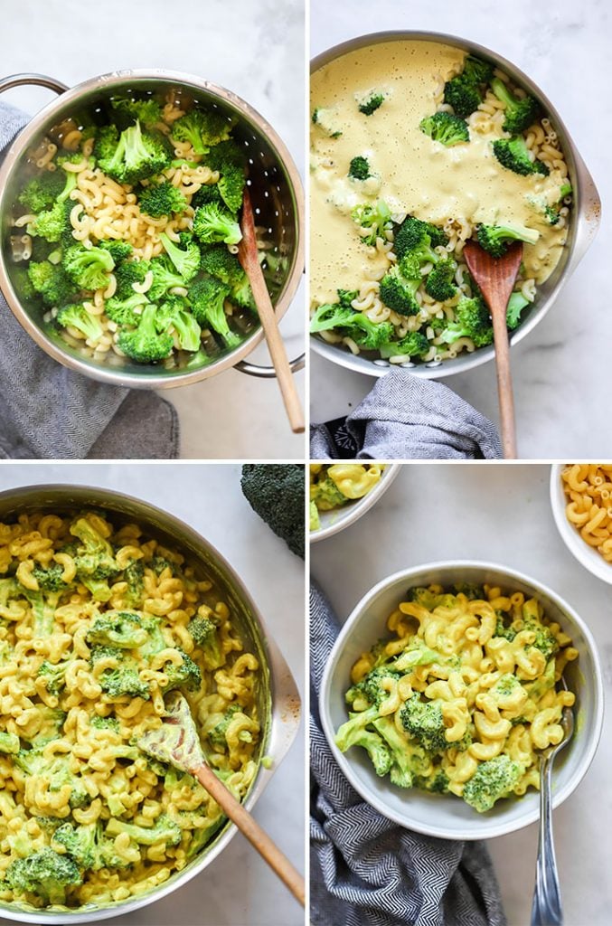 vegan macaroni and cheese with broccoli process photos