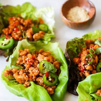 vegan tempeh lettuce cups on white background