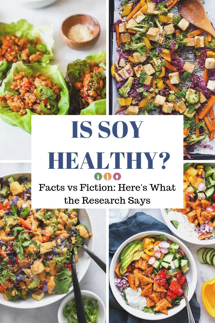 is soy healthy text overlay on 4 pictures of plant-based meals