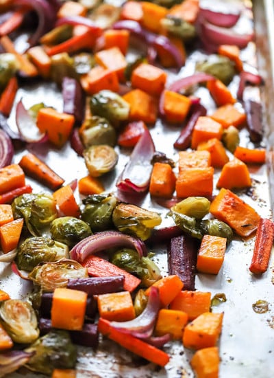 balsamic herb roasted vegetables on sheet pan