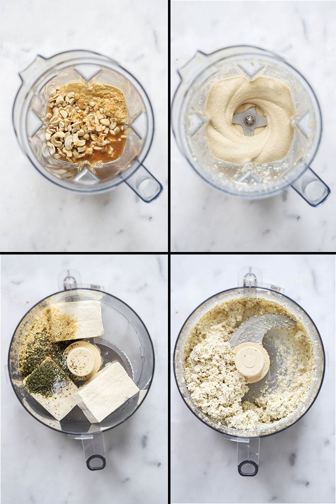 vegan baked ziti process shots for cashew cream and tofu ricotta